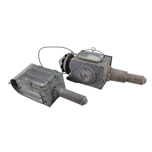 29 - A 19th century Raydyot zinc and brass carriage lamp - with two caged rectangular glass panels  and a... 