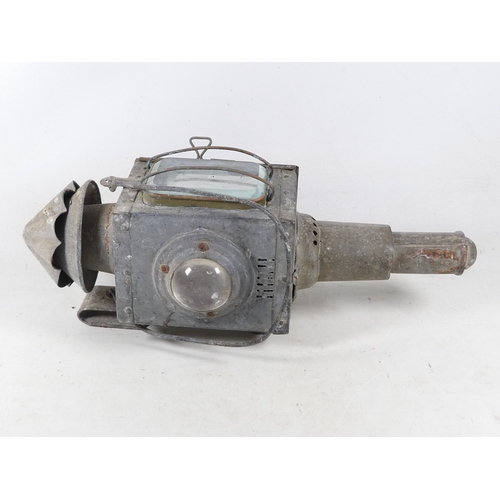 29 - A 19th century Raydyot zinc and brass carriage lamp - with two caged rectangular glass panels  and a... 
