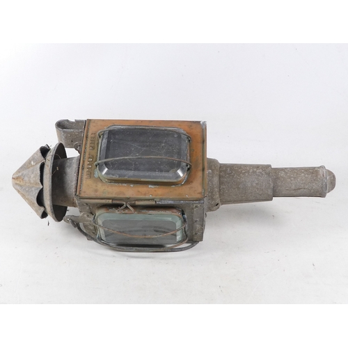 29 - A 19th century Raydyot zinc and brass carriage lamp - with two caged rectangular glass panels  and a... 