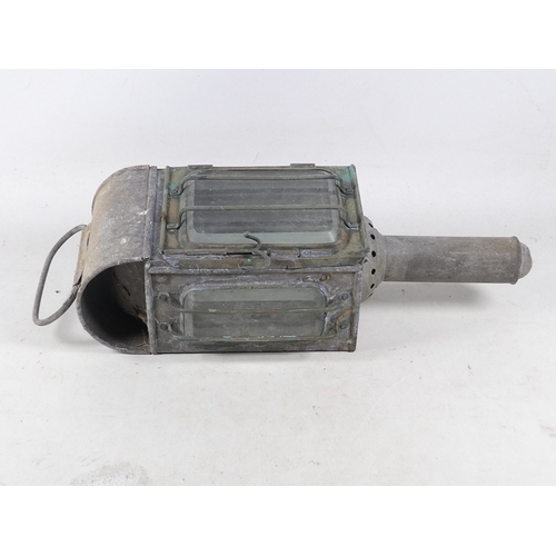 29 - A 19th century Raydyot zinc and brass carriage lamp - with two caged rectangular glass panels  and a... 