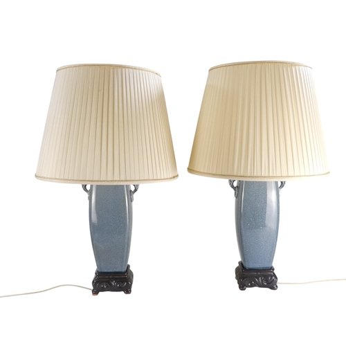 3 - A pair of Chinese style blue crackle-glazed table lamp - decorated with elephant mask handles, 52cm ... 