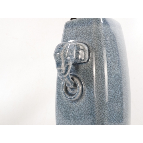 3 - A pair of Chinese style blue crackle-glazed table lamp - decorated with elephant mask handles, 52cm ... 