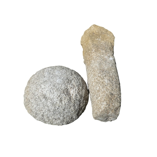30 - Two granite staddle stones - one with a domed top and square tapering support, 113cm high, together ... 