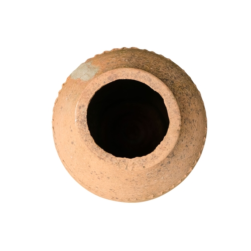 36 - A vintage terracotta olive jar - of classical form with a ribbed girdle, on a steel stand 53 x 90cm.