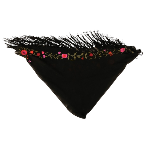 45 - An early 20th century black piano shawl - embroidered with flowers with a long fringe, together with... 