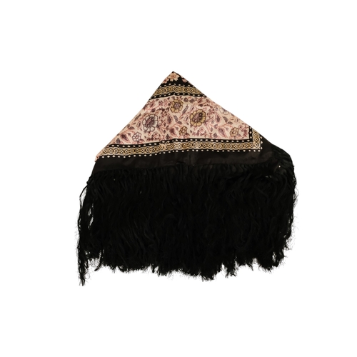 45 - An early 20th century black piano shawl - embroidered with flowers with a long fringe, together with... 