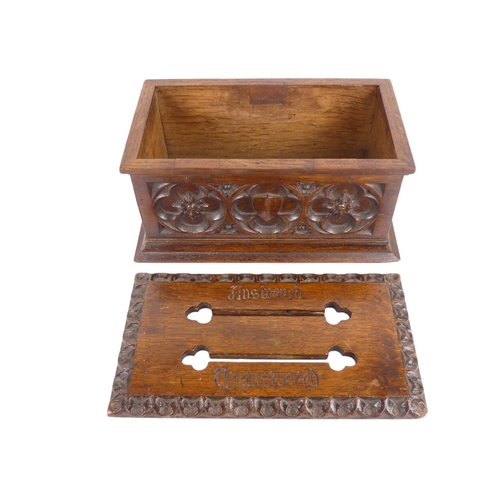 46 - A late 19th century oak Gothic style postal box - of rectangular form with slots for answered and un... 