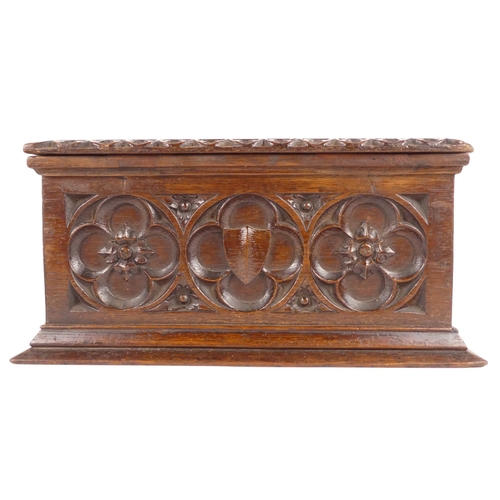 46 - A late 19th century oak Gothic style postal box - of rectangular form with slots for answered and un... 