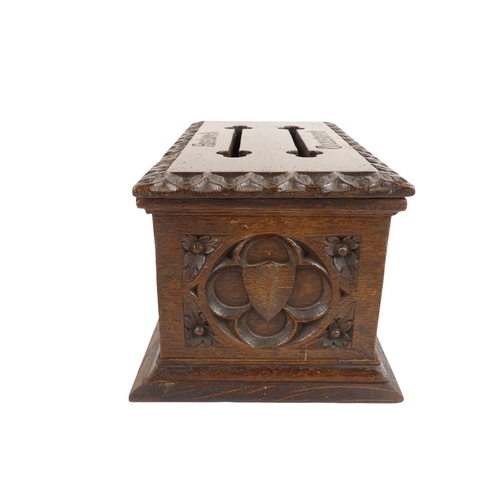 46 - A late 19th century oak Gothic style postal box - of rectangular form with slots for answered and un... 