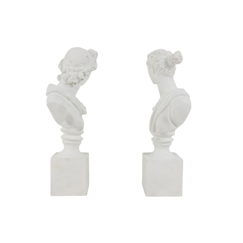 51 - A plaster female classical bust on a rectangular base - height 35cm, together with a similar male bu... 