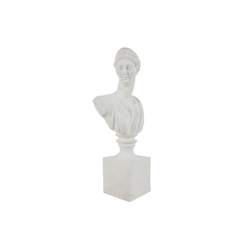 51 - A plaster female classical bust on a rectangular base - height 35cm, together with a similar male bu... 