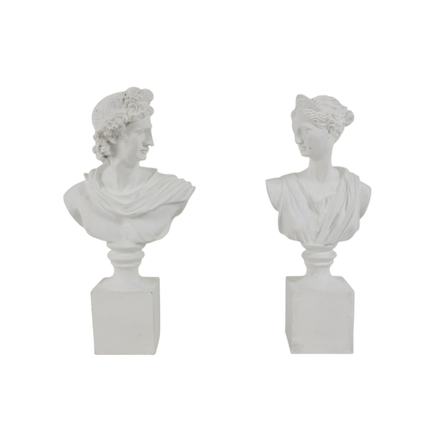 51 - A plaster female classical bust on a rectangular base - height 35cm, together with a similar male bu... 