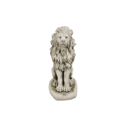 58 - A pair of reconstituted stone lions - in a seated pose, 40cm high. (2)