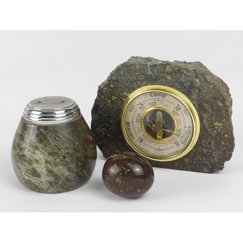 7 - A 20th century serpentine mounted barometer - polished with a rough textured outer edge, 12cm high, ... 