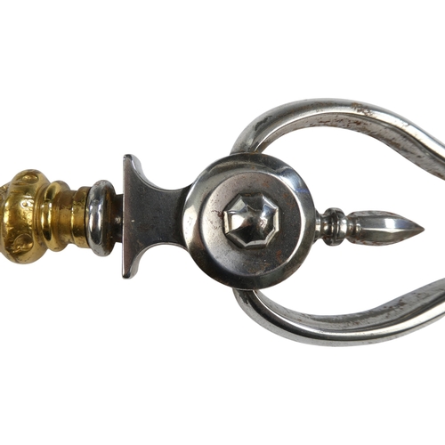 10 - A set of three George III style steel and brass fire tools - of spiral twist form, comprising tongs,... 