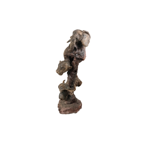 35 - A 20th century African sculpture of The Big Five - probably Zimbabwe ironwood, 90cm high.