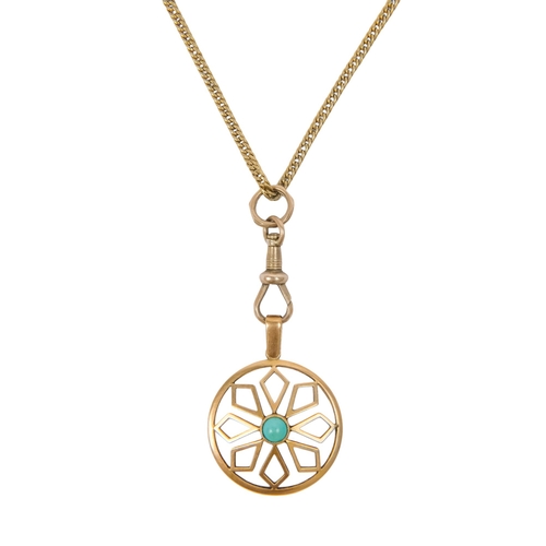 604 - A yellow metal fine curb link chain - together with a 9ct circular pendant, 140cm long, 20g.