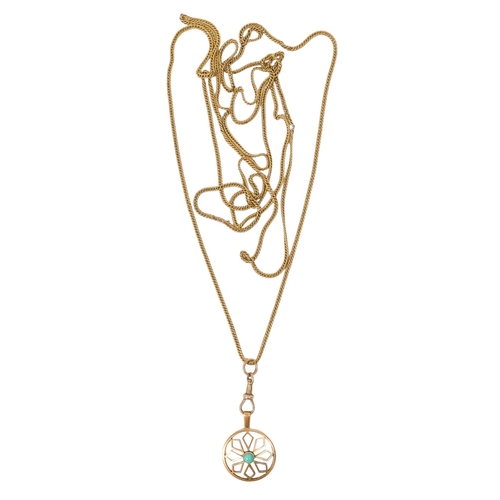 604 - A yellow metal fine curb link chain - together with a 9ct circular pendant, 140cm long, 20g.