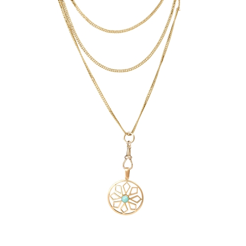 604 - A yellow metal fine curb link chain - together with a 9ct circular pendant, 140cm long, 20g.