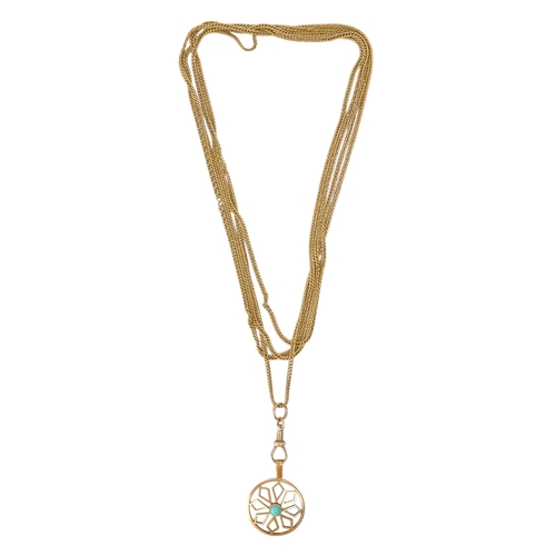 604 - A yellow metal fine curb link chain - together with a 9ct circular pendant, 140cm long, 20g.