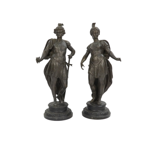 100 - A pair of late 19th century spelter figures - in classical warrior garb, 41cm high. (2)
