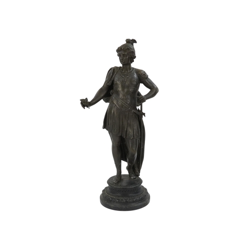 100 - A pair of late 19th century spelter figures - in classical warrior garb, 41cm high. (2)