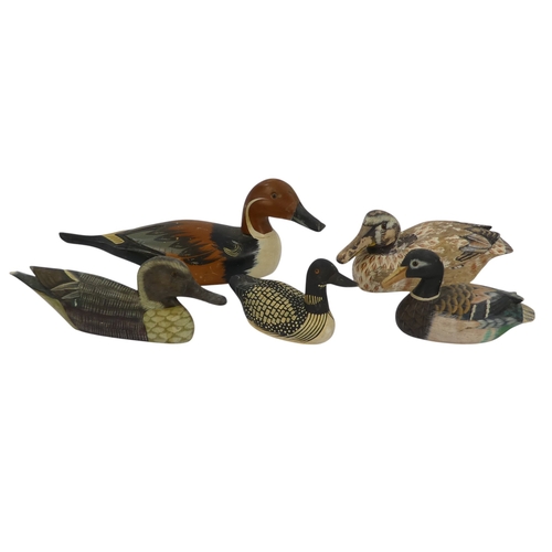101 - A 20th century polychrome painted duck - 30cm wide, together with four other similar smaller example... 