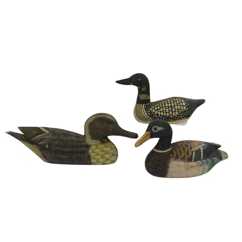 101 - A 20th century polychrome painted duck - 30cm wide, together with four other similar smaller example... 