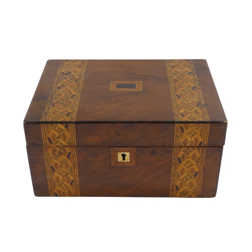 105 - A Victorian walnut writing slope - with Tunbridgeware banding, with a brown leather writing surface,... 