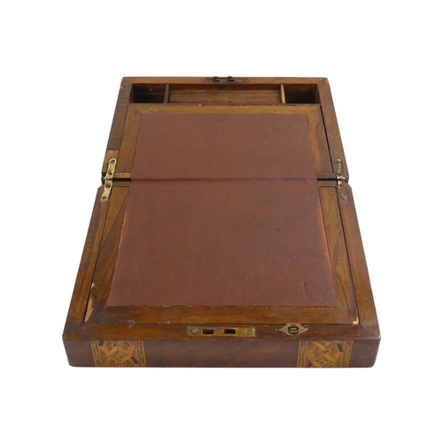 105 - A Victorian walnut writing slope - with Tunbridgeware banding, with a brown leather writing surface,... 