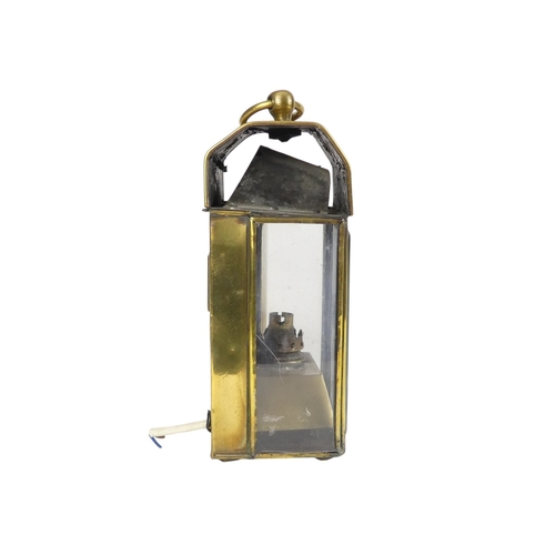 107 - A 19th century brass light - now converted for electricity with chamfered clear glass panels and a r... 