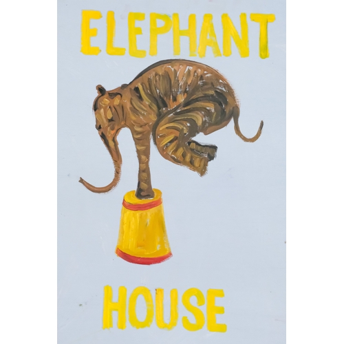 111 - A circus/showman's sign - 'Elephant House', image and text on a sky blue ground, 76 x 64cm.