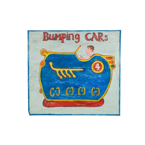 112 - A circus/showman's sign - 'Bumping Cars', image and text on a sky blue ground, 106 x 113cm.