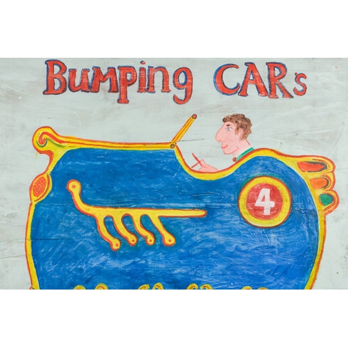 112 - A circus/showman's sign - 'Bumping Cars', image and text on a sky blue ground, 106 x 113cm.