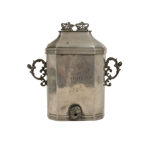 113 - A pewter holy water cistern - of rectangular faceted form and dated 1826, 30cm high, together with t... 