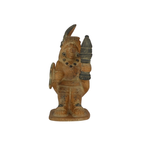 143 - A terracotta figure of an Aztec warrior - holding shield and club, 36cm high, together with an Aztec... 