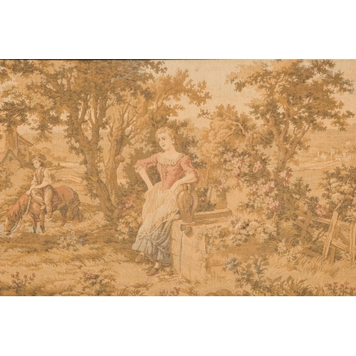 36 - An Aubusson style tapestry wall hanging - showing classical figures in a bucolic scene, 51 x 152cm.