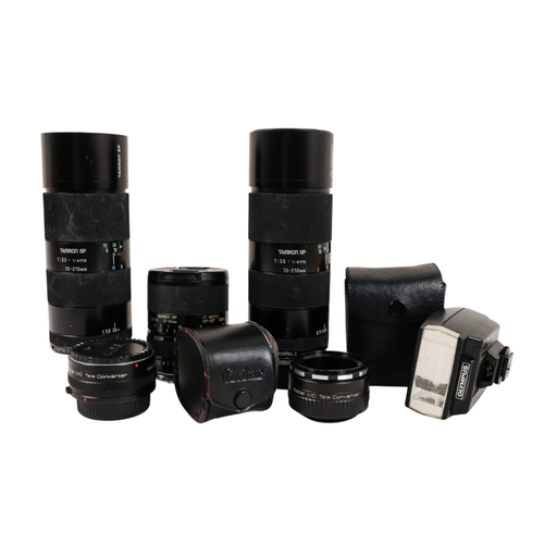 61 - A Tamron SP 70-210 TeleMacro lens - together with another similar, three others and a flash.