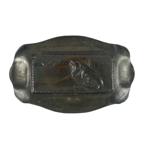 62 - A copper repousse rectangular tray - decorated with a lizard, 21cm wide, together with another circu... 