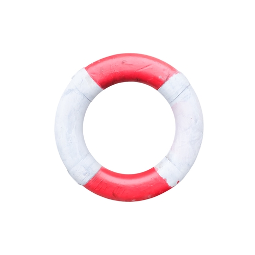 71 - A life buoy ring with red and white decoration and rope grab lines - diameter 74cm, together with an... 