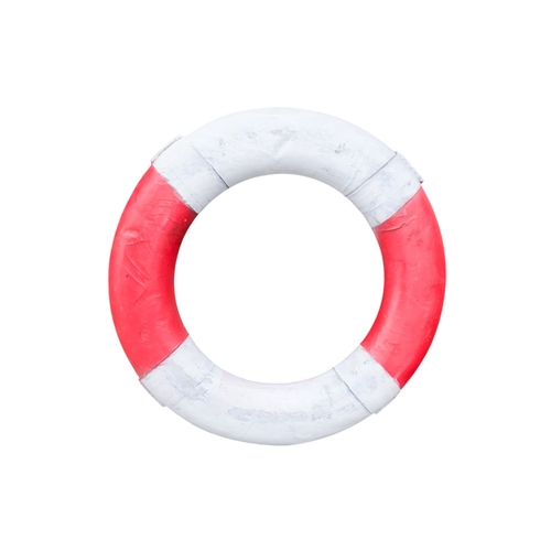 71 - A life buoy ring with red and white decoration and rope grab lines - diameter 74cm, together with an... 