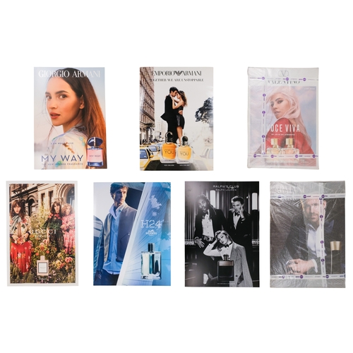 75 - A collection of seven point of sale advertising panels - various fashion brands, including Armani, R... 