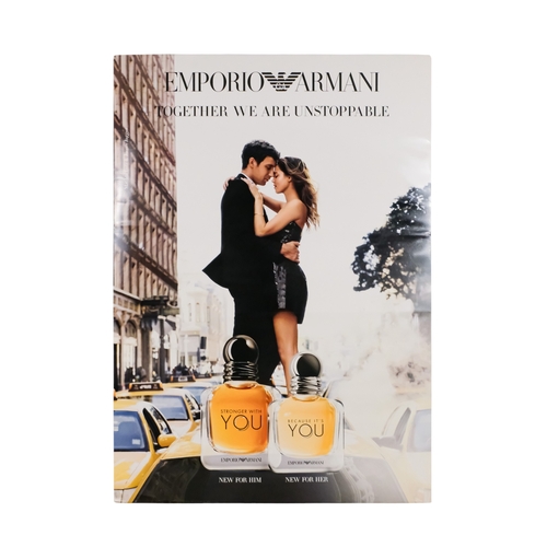 75 - A collection of seven point of sale advertising panels - various fashion brands, including Armani, R... 