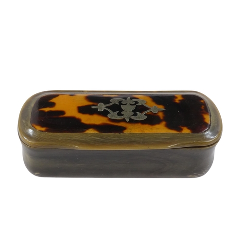 84 - A 19th century horn and tortoiseshell snuff box - the rectangular cover set with a white metal folia... 