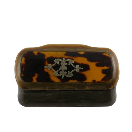 84 - A 19th century horn and tortoiseshell snuff box - the rectangular cover set with a white metal folia... 