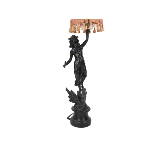 98 - A pair of spelter table lamps - modelled as classical emblematic of The Graces, 57cm high.