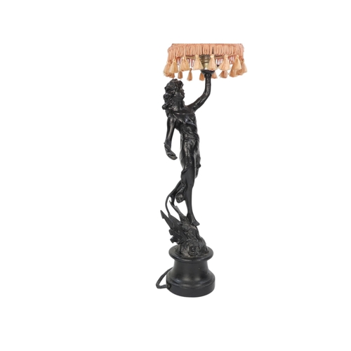 98 - A pair of spelter table lamps - modelled as classical emblematic of The Graces, 57cm high.