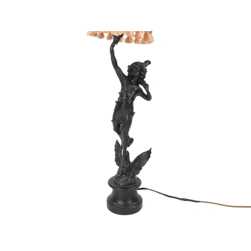 98 - A pair of spelter table lamps - modelled as classical emblematic of The Graces, 57cm high.