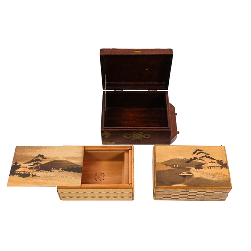 133 - A mid 20th century Japanese mystery box - decorated with an image of Mt Fuji, 15cm wide, together wi... 