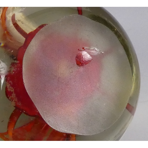 205 - A Wedgwood glass paperweight - set with an amber flower, 7cm diameter, together with four other simi... 